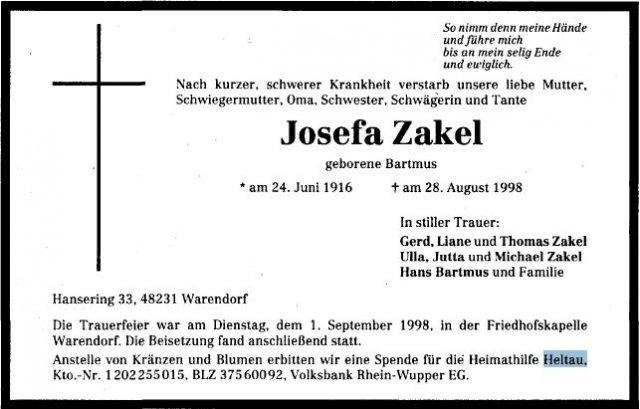 Bartmus Josefa 1916-1998 Todesanzeige